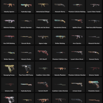 Collection of 148 inactive Valorant and Fortnite skins for gaming accounts.