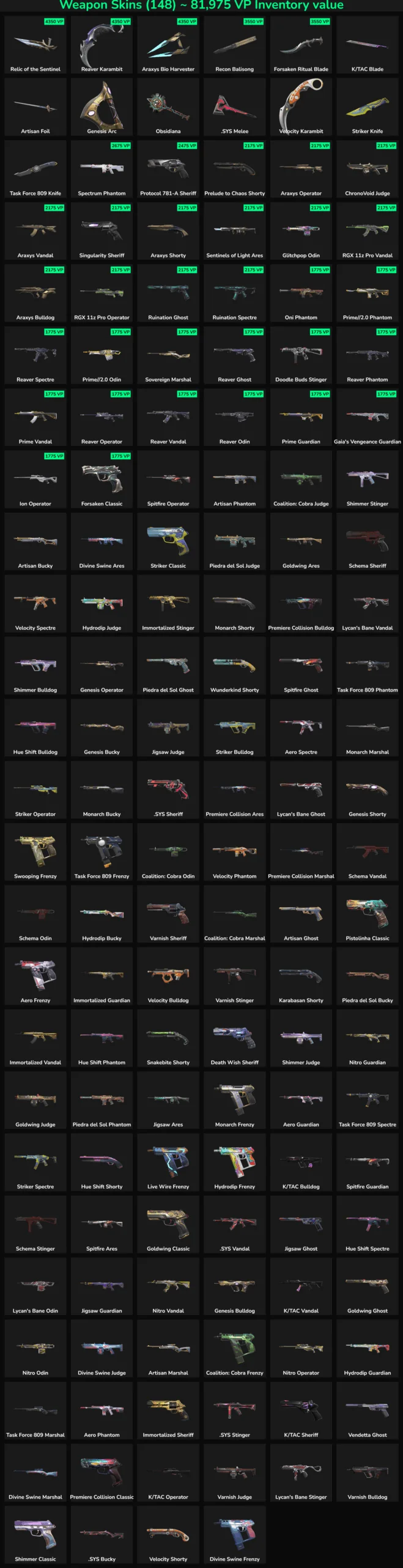 Collection of 148 inactive Valorant and Fortnite skins for gaming accounts.