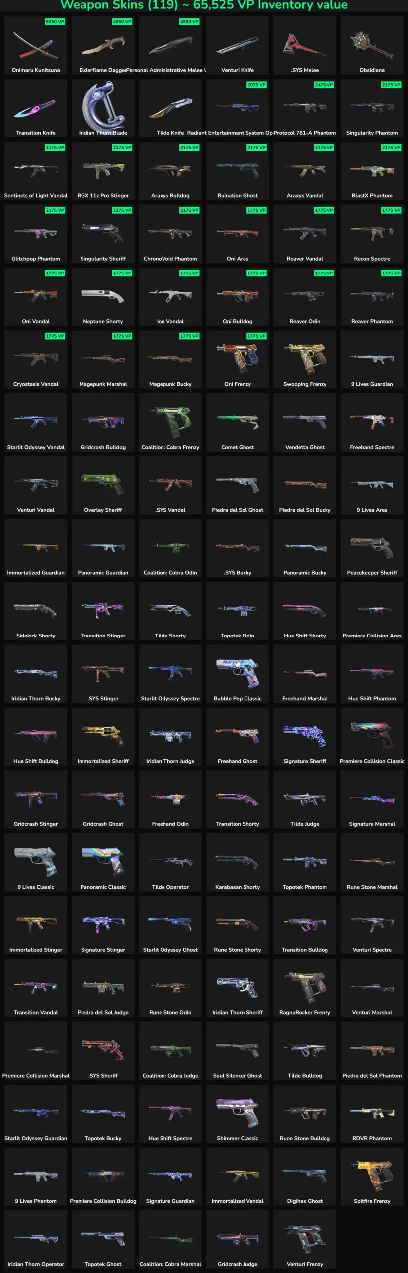 Collection of Valorant and Fortnite skins with 119 inactive items.