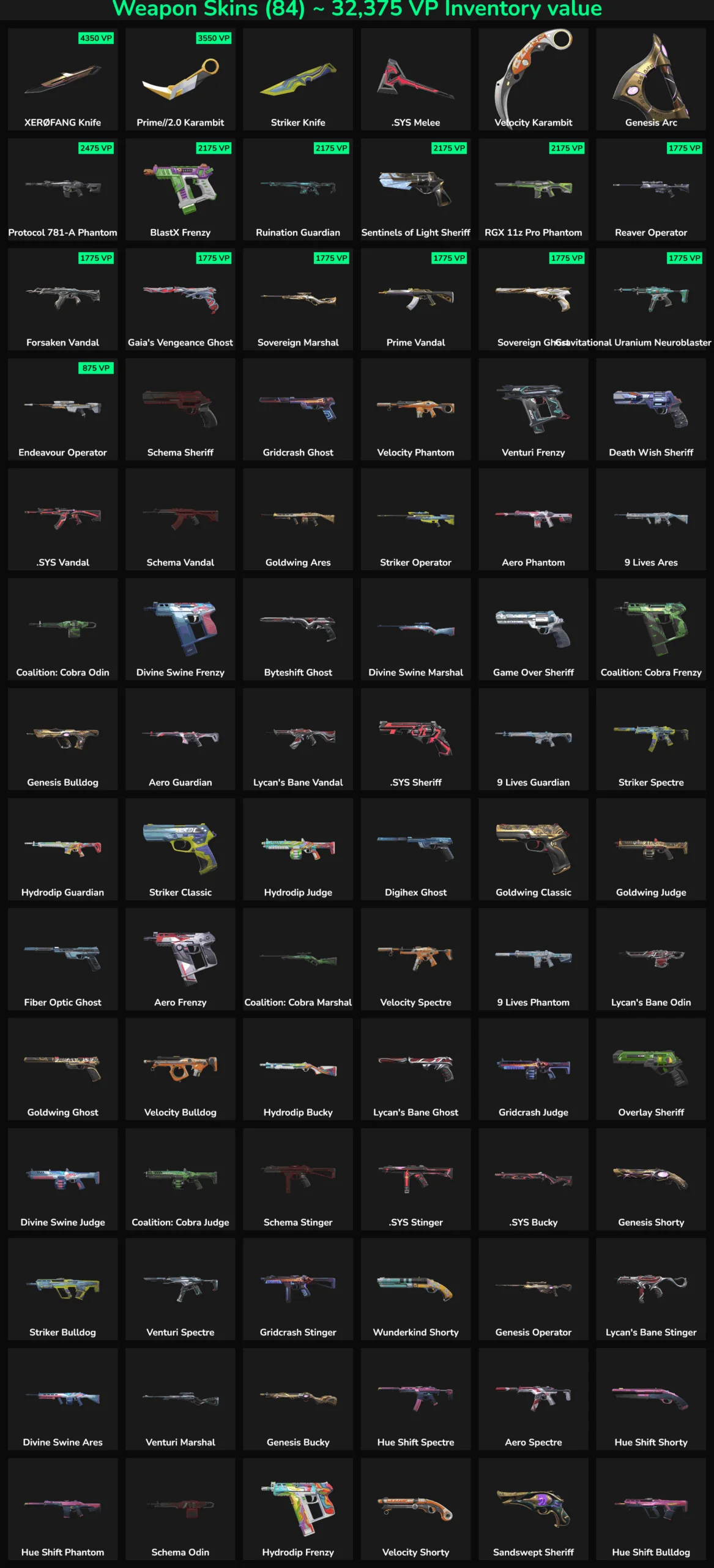 Collection of 84 inactive Valorant and Fortnite skins for gaming accounts.