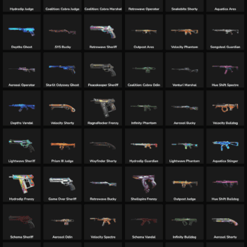 Collection of 95 inactive Valorant and Fortnite skins with high-value weapons and accessories.