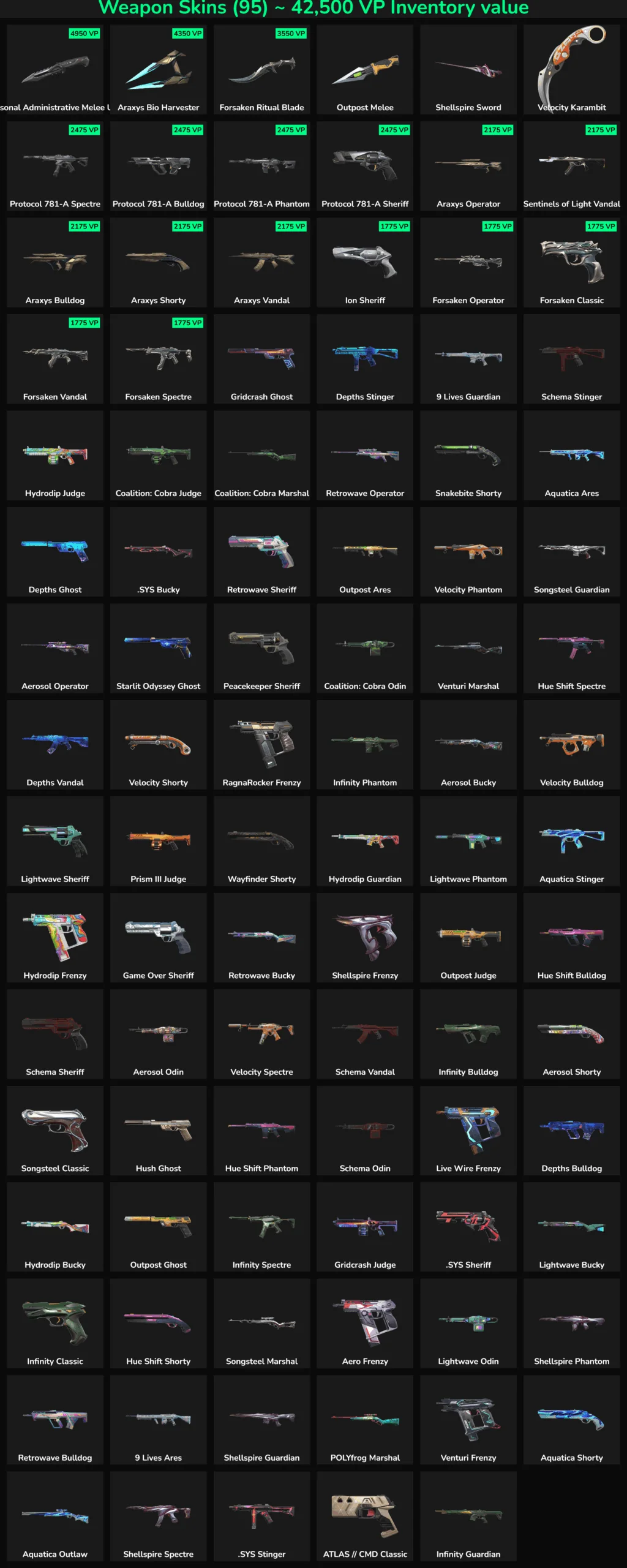 Collection of 95 inactive Valorant and Fortnite skins with high-value weapons and accessories.