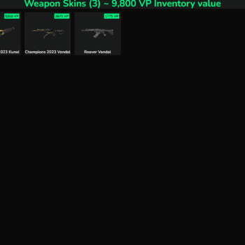 Valorant Champions 2023 Kunai, Vandal, and Reaver Vandal skins with VP values.