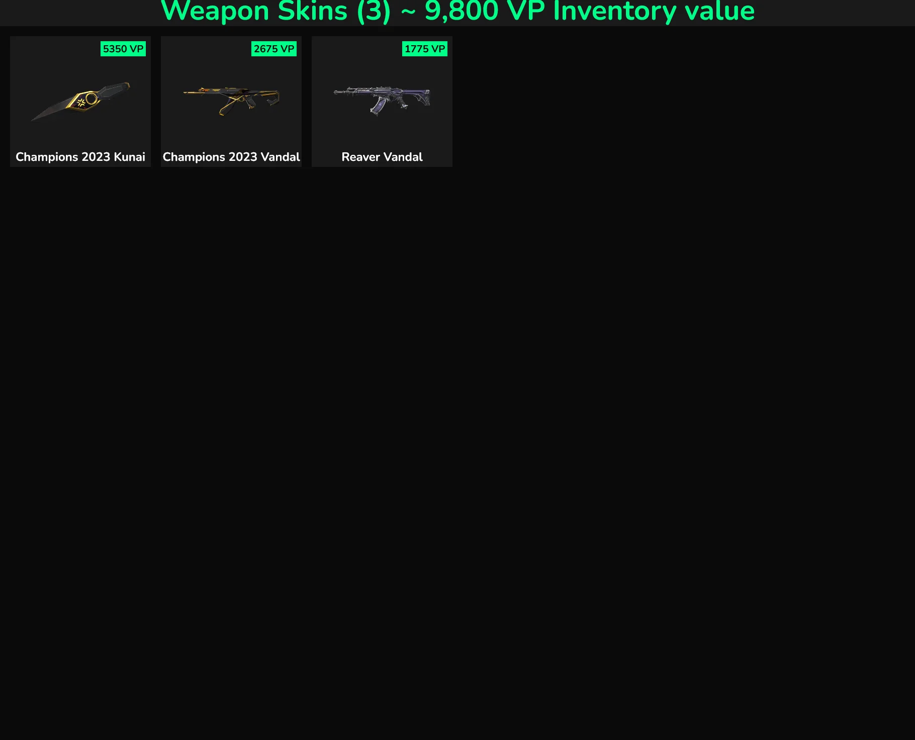 Valorant Champions 2023 Kunai, Vandal, and Reaver Vandal skins with VP values.