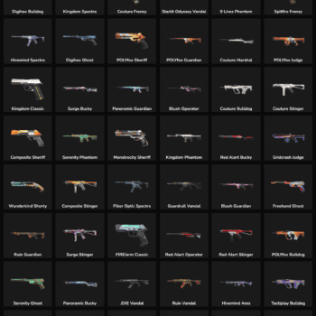 Quality Valorant and Fortnite weapon skins with 128 inactive options for gaming enthusiasts.