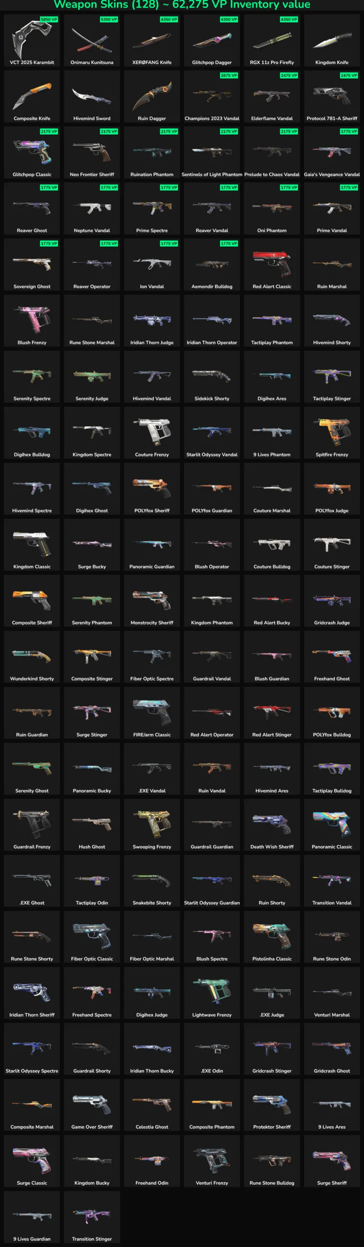 Quality Valorant and Fortnite weapon skins with 128 inactive options for gaming enthusiasts.