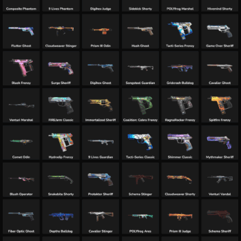 Collection of Valorant and Fortnite skins for inactive accounts on gaming marketplace.