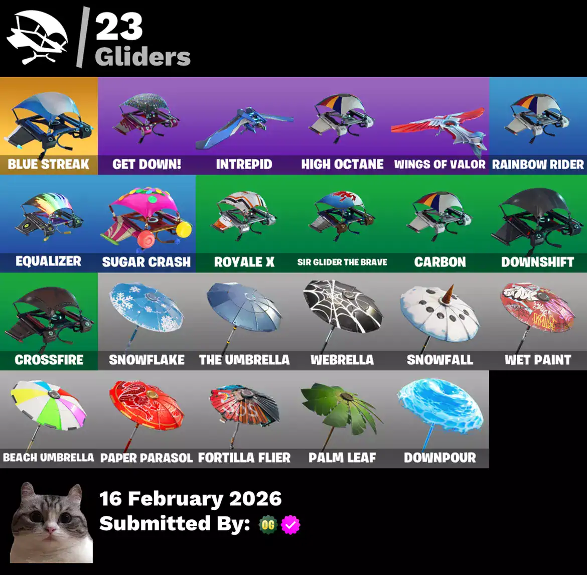 Collection of 23 Valorant skins including Blue Streak, Sparkle Specialist, and The Reaper.