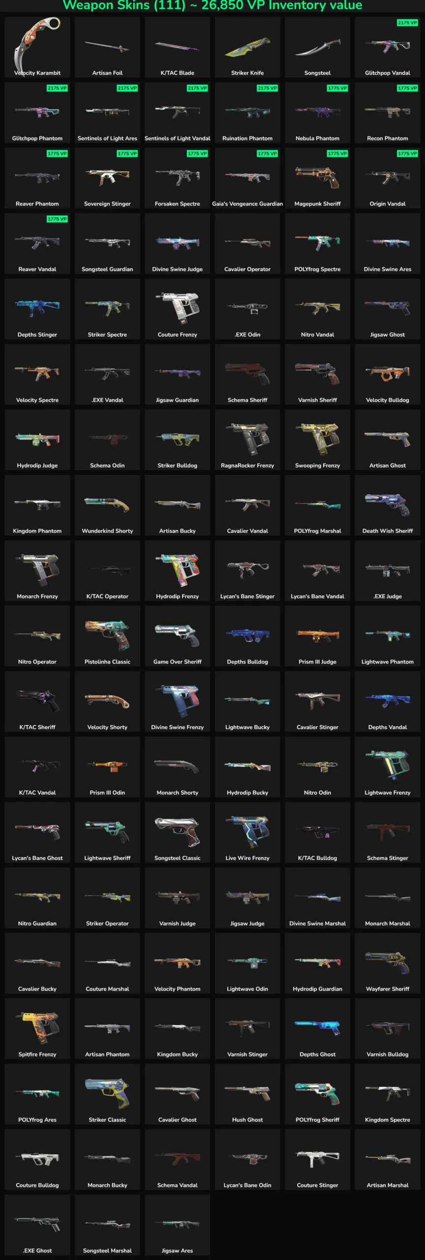 Quality Valorant and Fortnite weapon skins with 111 inactive skins listed.