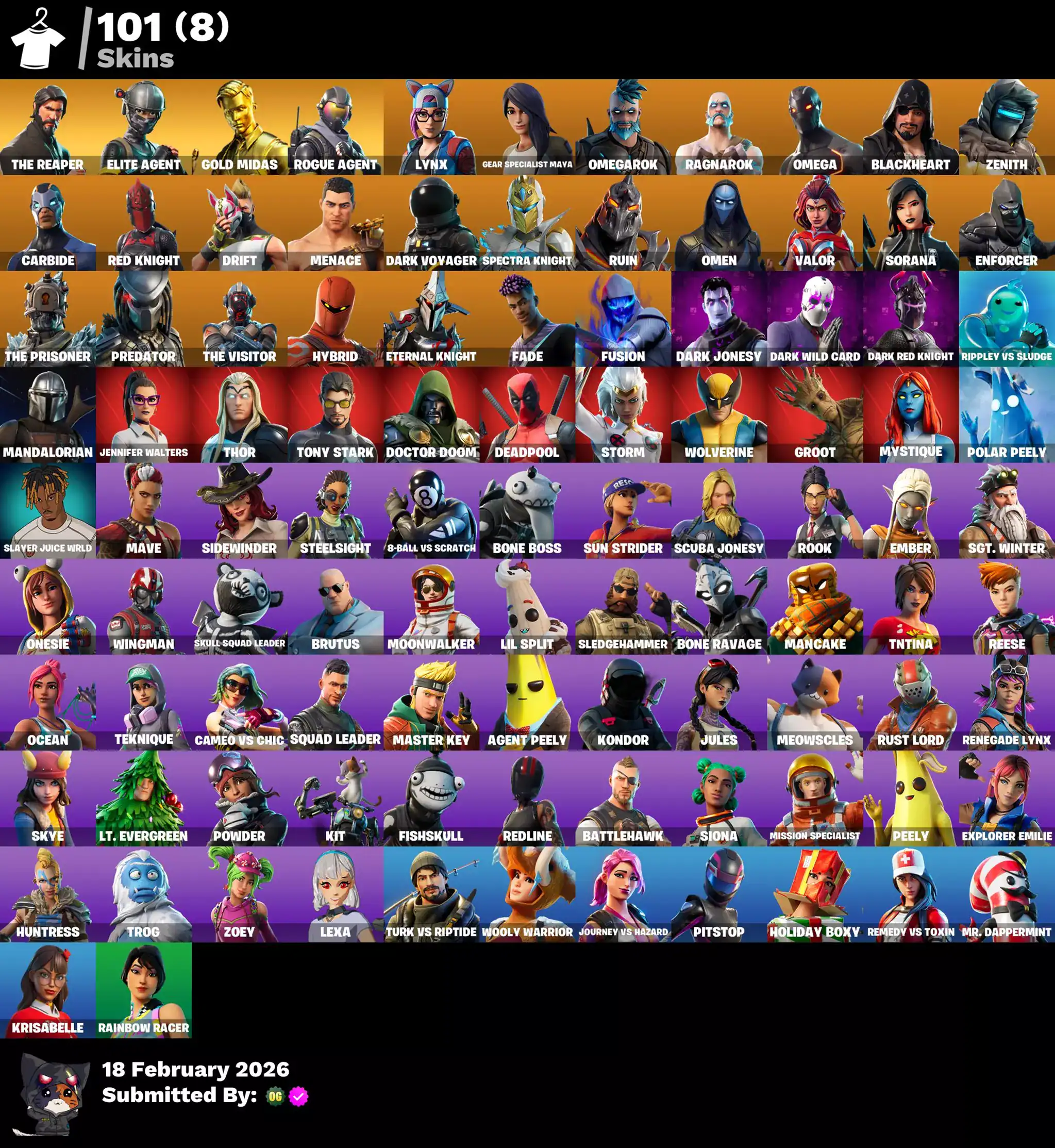 Extensive Valorant and Fortnite account skins featuring Reaper, Elite Agent, Lynx, Omega, Blackheart.
