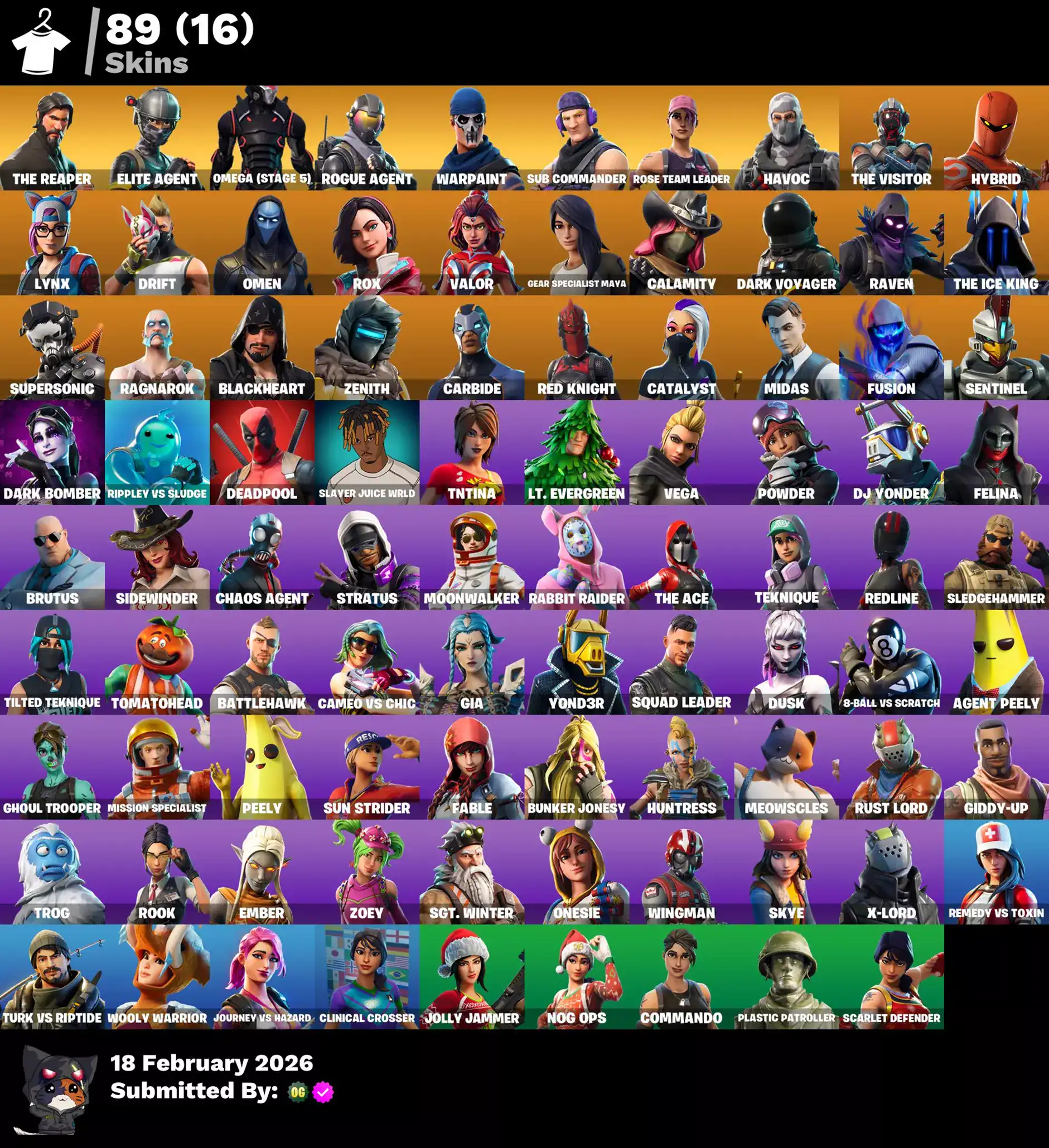 Quality gaming accounts featuring 89 skins, including The Reaper, Elite Agent, Omega, and more.