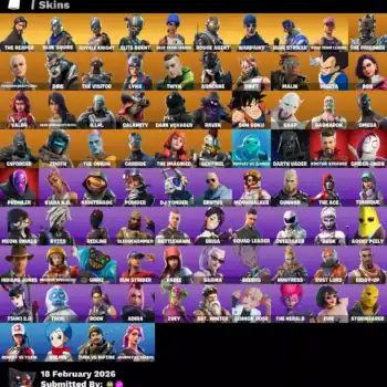 Extensive gaming skins including Valorant agents and Fortnite characters with vibrant designs.