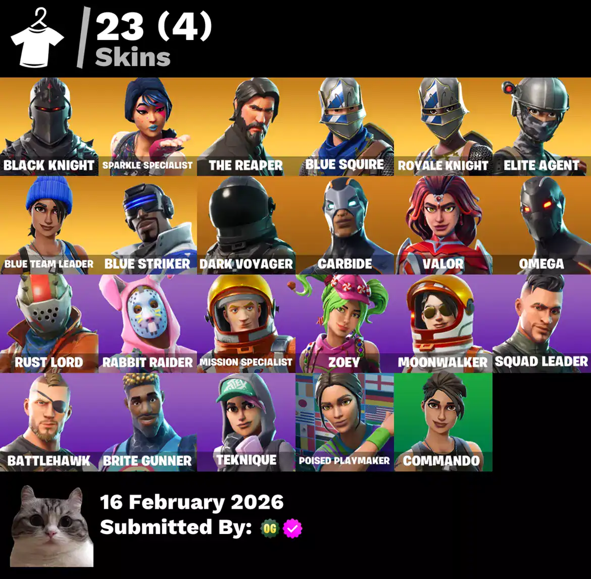Fortnite skins including Black Knight, Sparkle Specialist, and Royale Knight for sale.