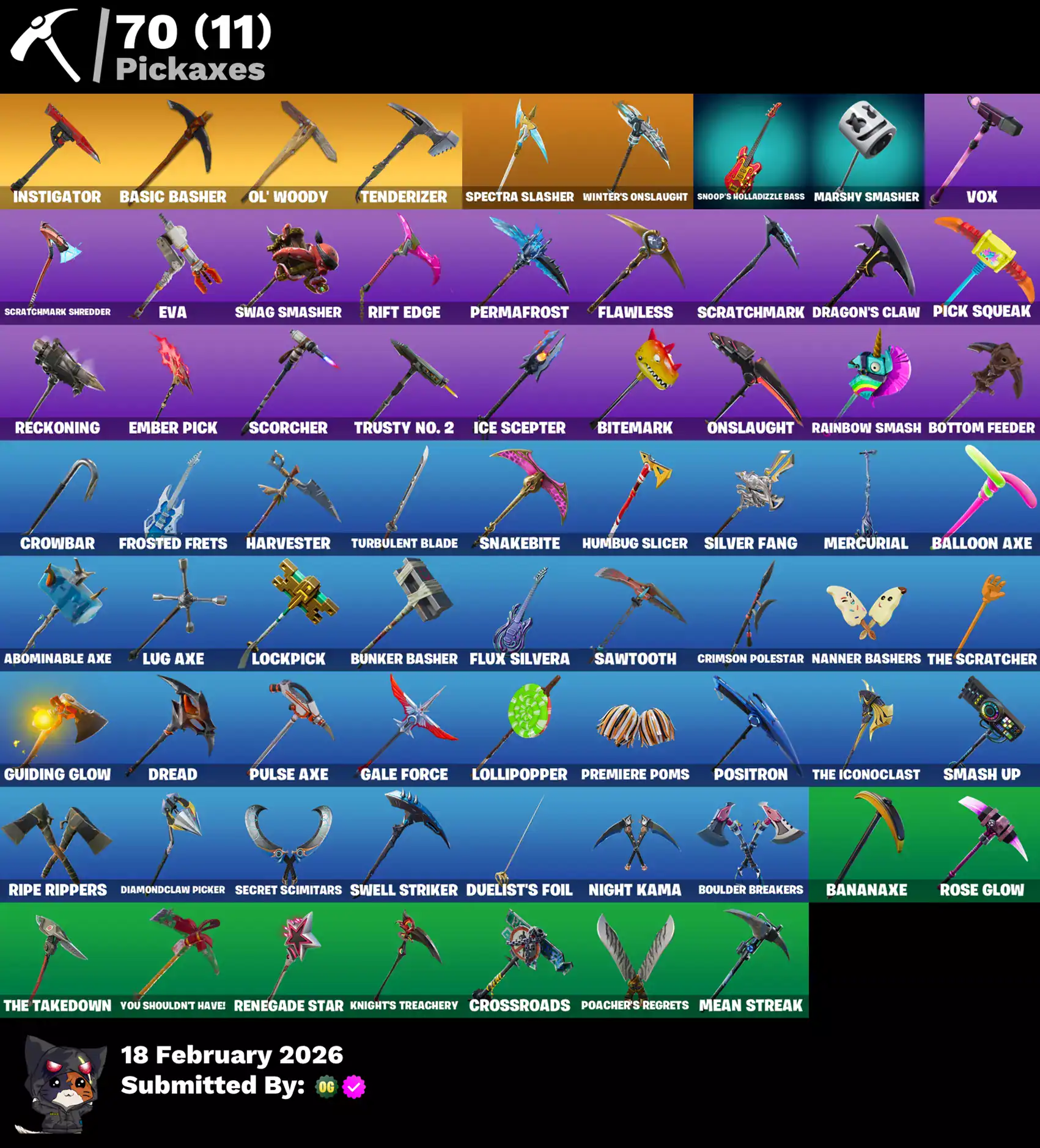 Collection of Valorant and Fortnite skins including OG skins, stage upgrades, and limited editions.