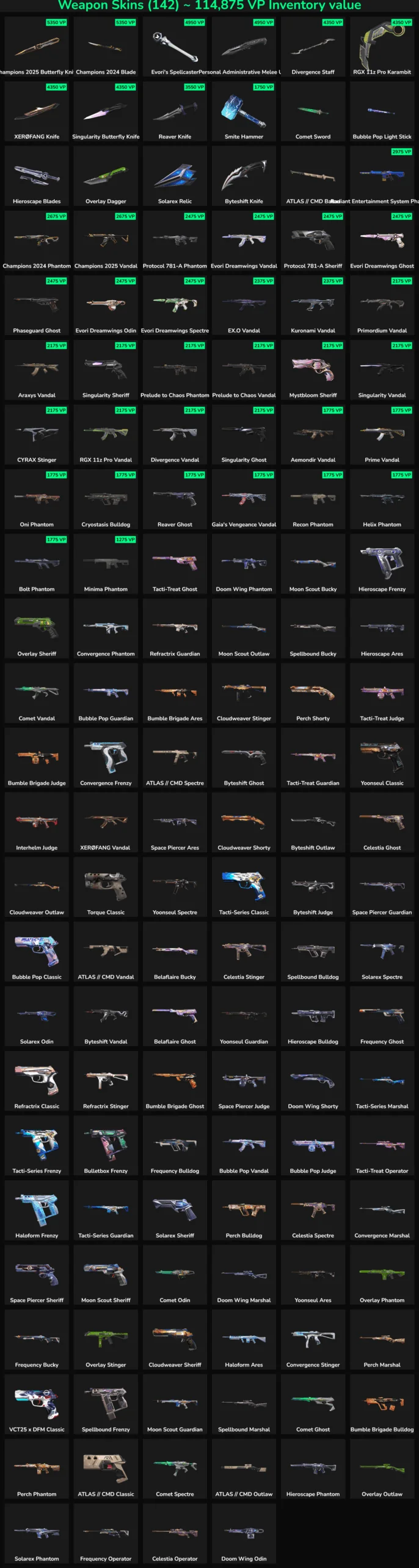 Collection of Valorant and Fortnite skins with inactive status.