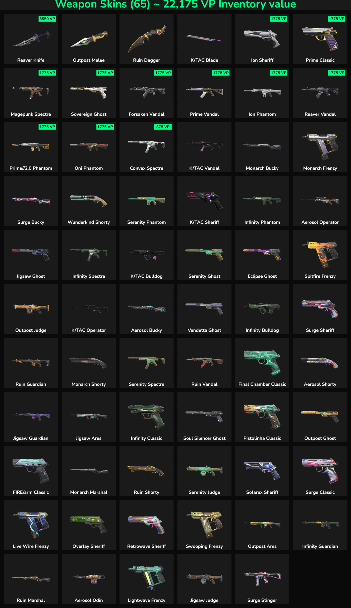 Fortnite skins inactive collection with 65 skins and weapons.