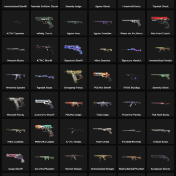 Fortnite weapon skins with inactive status in EU region, including various gun designs and styles.