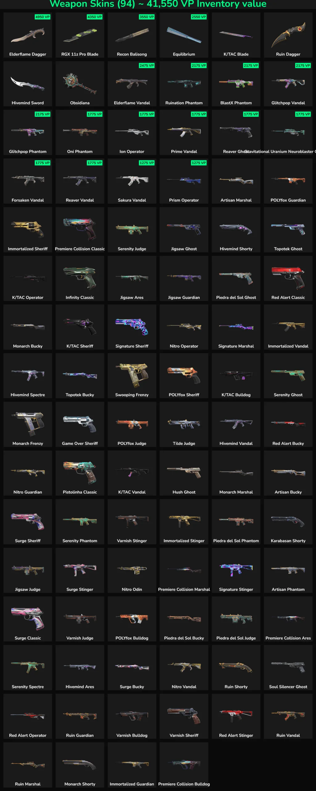 Fortnite weapon skins with inactive status in EU region, including various gun designs and styles.