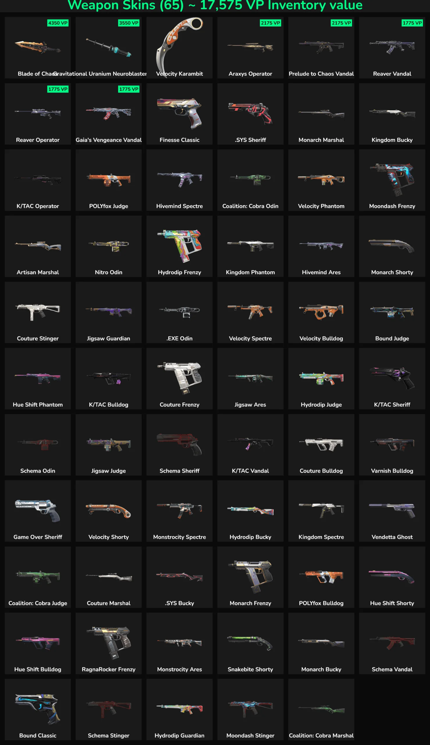 In-game Fortnite skins collection with 65 inactive skins.